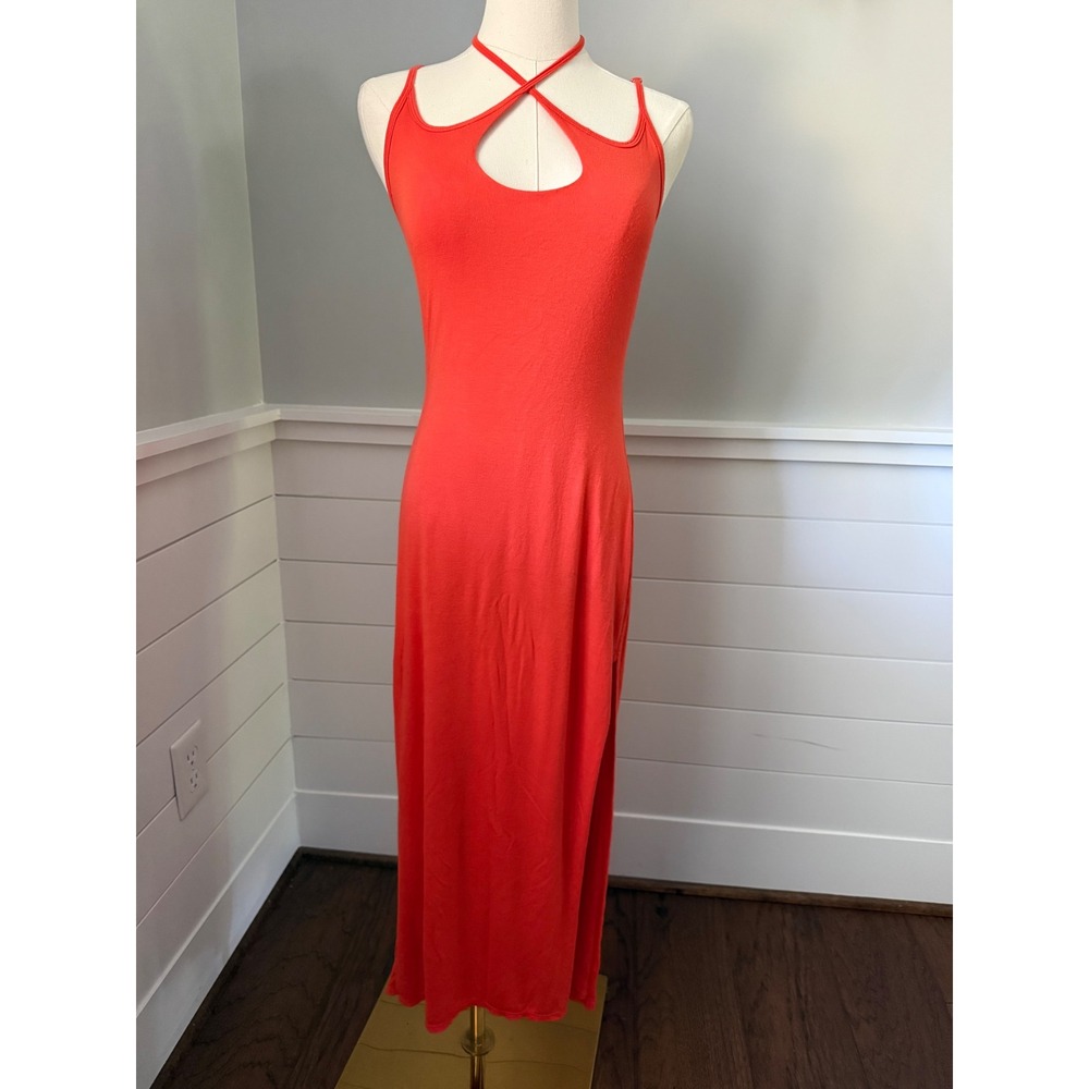 Lulus Maxi Dress Rayon Jersey Strappy Halter Tropical Resort Orange Size S